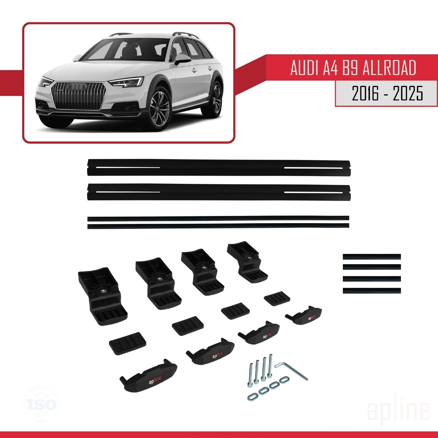 Kompatibel mit A4 (B9) Allroad 2016-2025 BASIC Modell Dachgepäckträger, schwarzes Aluminium, 2 Stangen