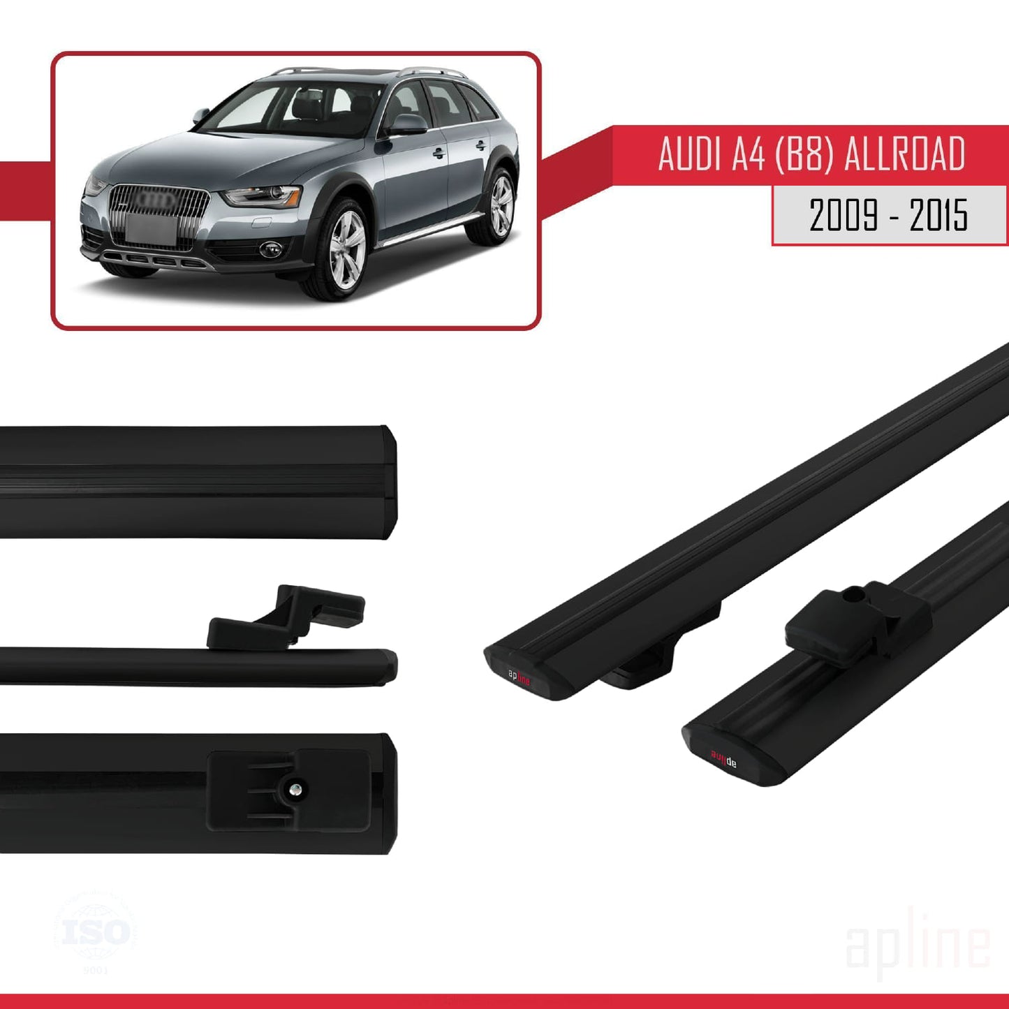 Kompatibel mit A4 (B8) Allroad 2009-2015 Basismodell Dachgepäckträger, schwarzes Aluminium, 2 Stangen