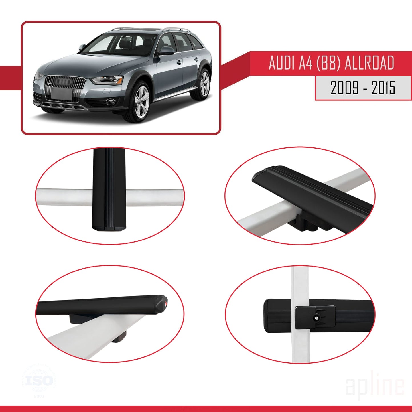 Kompatibel mit A4 (B8) Allroad 2009-2015 Basismodell Dachgepäckträger, schwarzes Aluminium, 2 Stangen