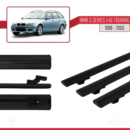 Kompatibel mit BMW 3er (E46) Touring 1999-2005 Basismodell Dachgepäckträger, schwarzes Aluminium, 3-teilig