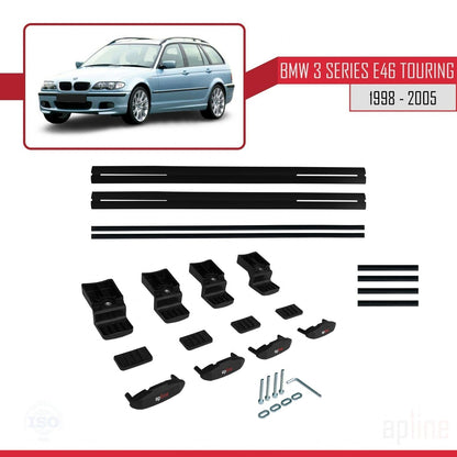 Kompatibel mit BMW 3er (E46) Touring 1999-2005 Basismodell Dachgepäckträger, schwarzes Aluminium, 2 Stangen
