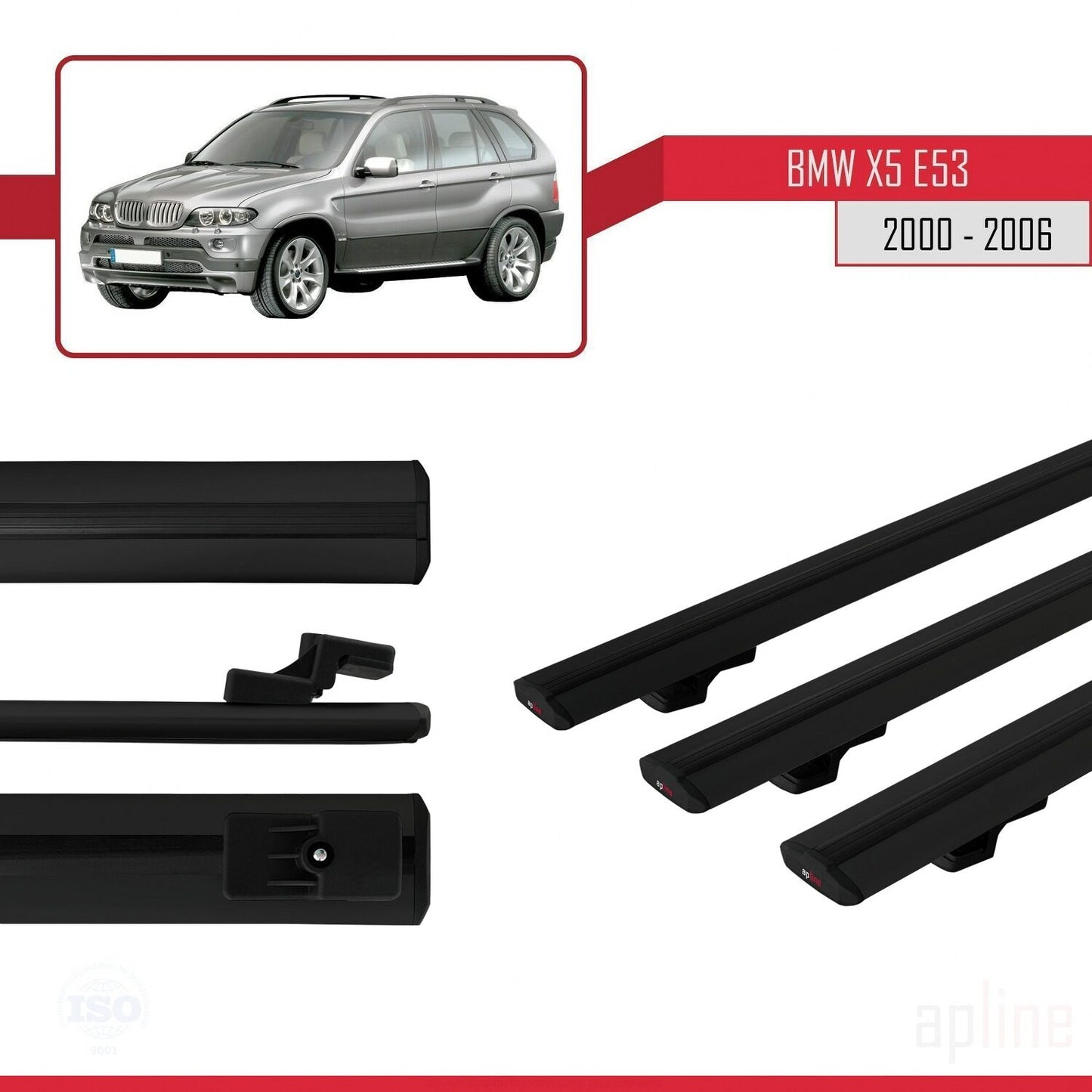 Kompatibel mit BMW X5 (E53) 2000-2006 Basismodell Dachgepäckträger, schwarzes Aluminium, 3-teilig
