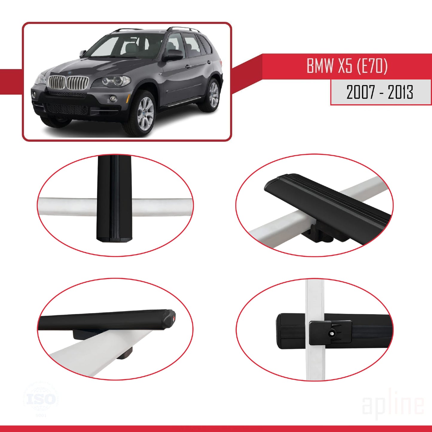 Kompatibel mit BMW X5 (E70) 2007-2013 Basismodell Dachgepäckträger, schwarzes Aluminium, 2 Stangen