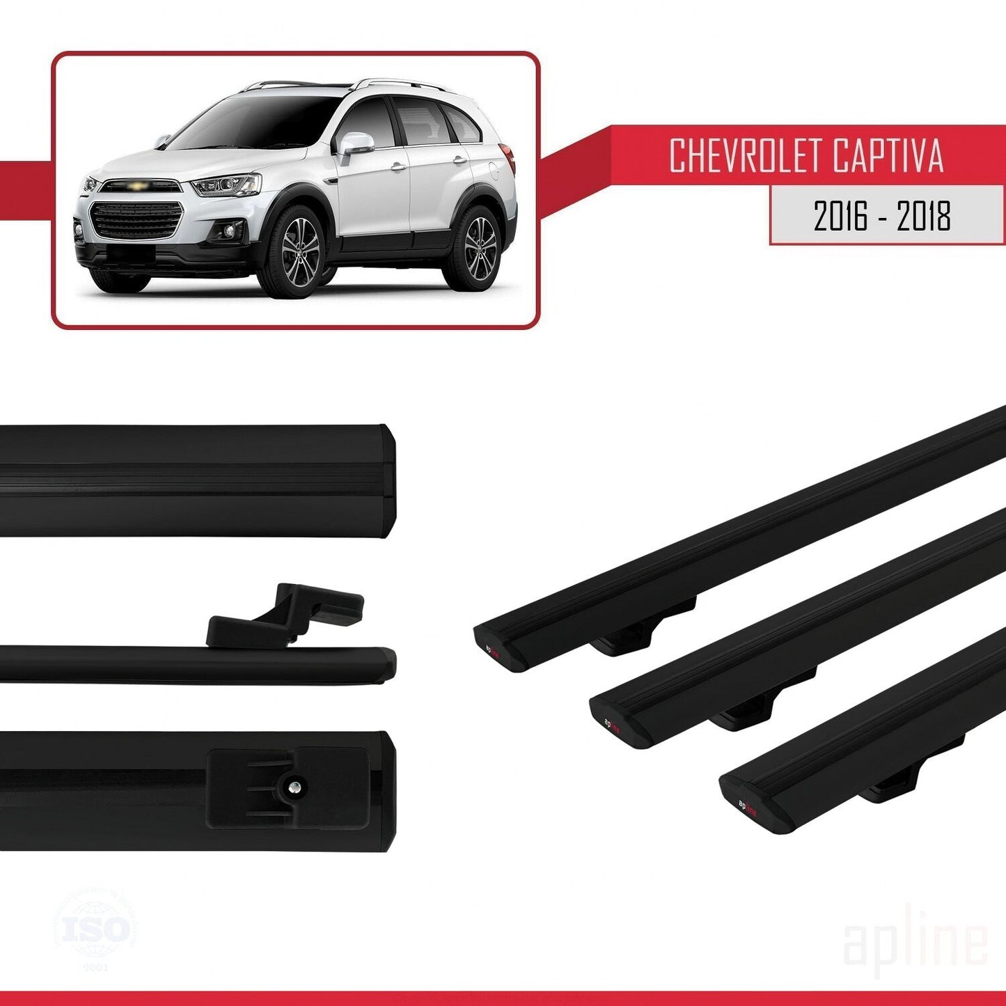 Kompatibel mit Chevrolet Captiva 2016-2018 BASIC Modell Dachgepäckträger, schwarzes Aluminium, 3 Stangen