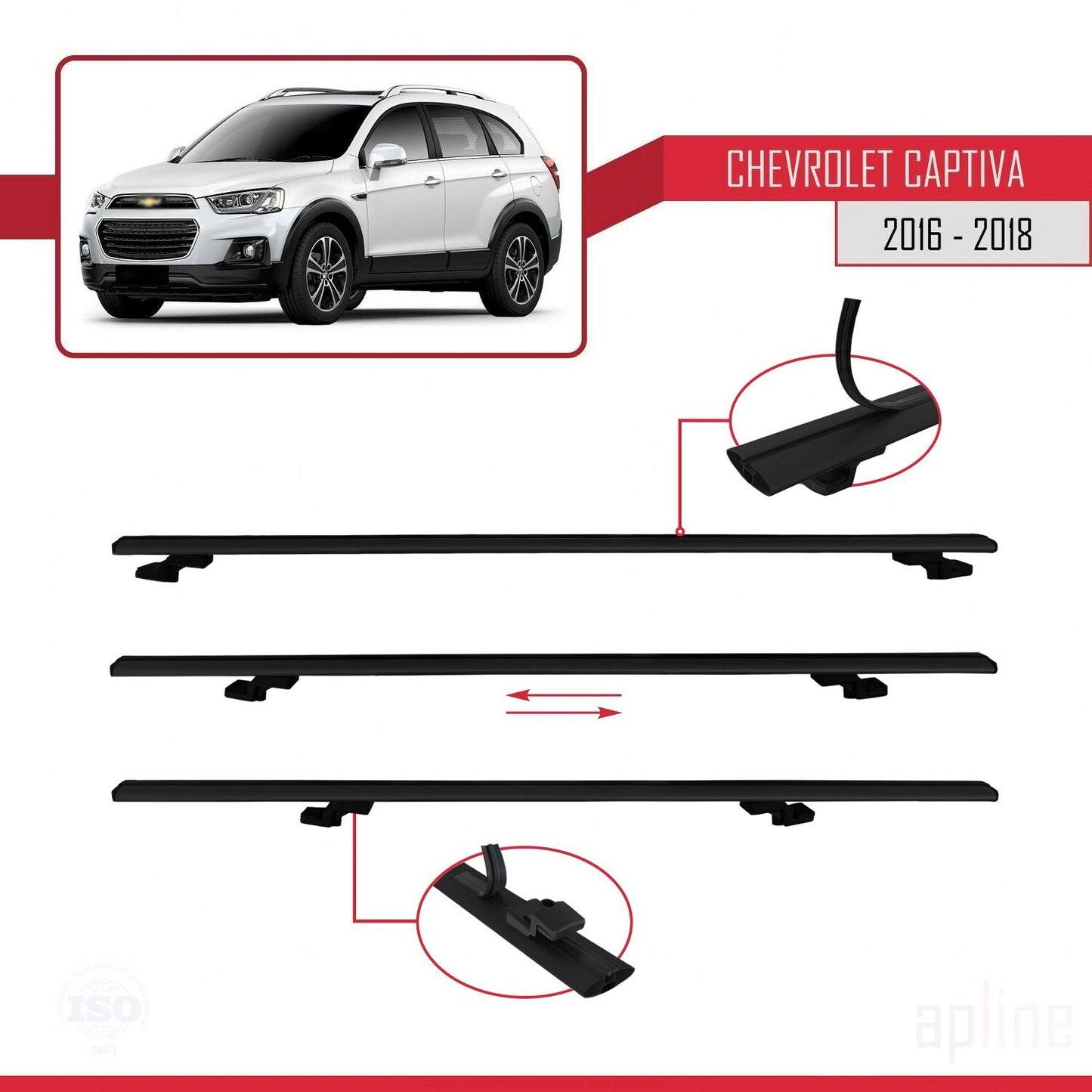 Kompatibel mit Chevrolet Captiva 2016-2018 BASIC Modell Dachgepäckträger, schwarzes Aluminium, 3 Stangen