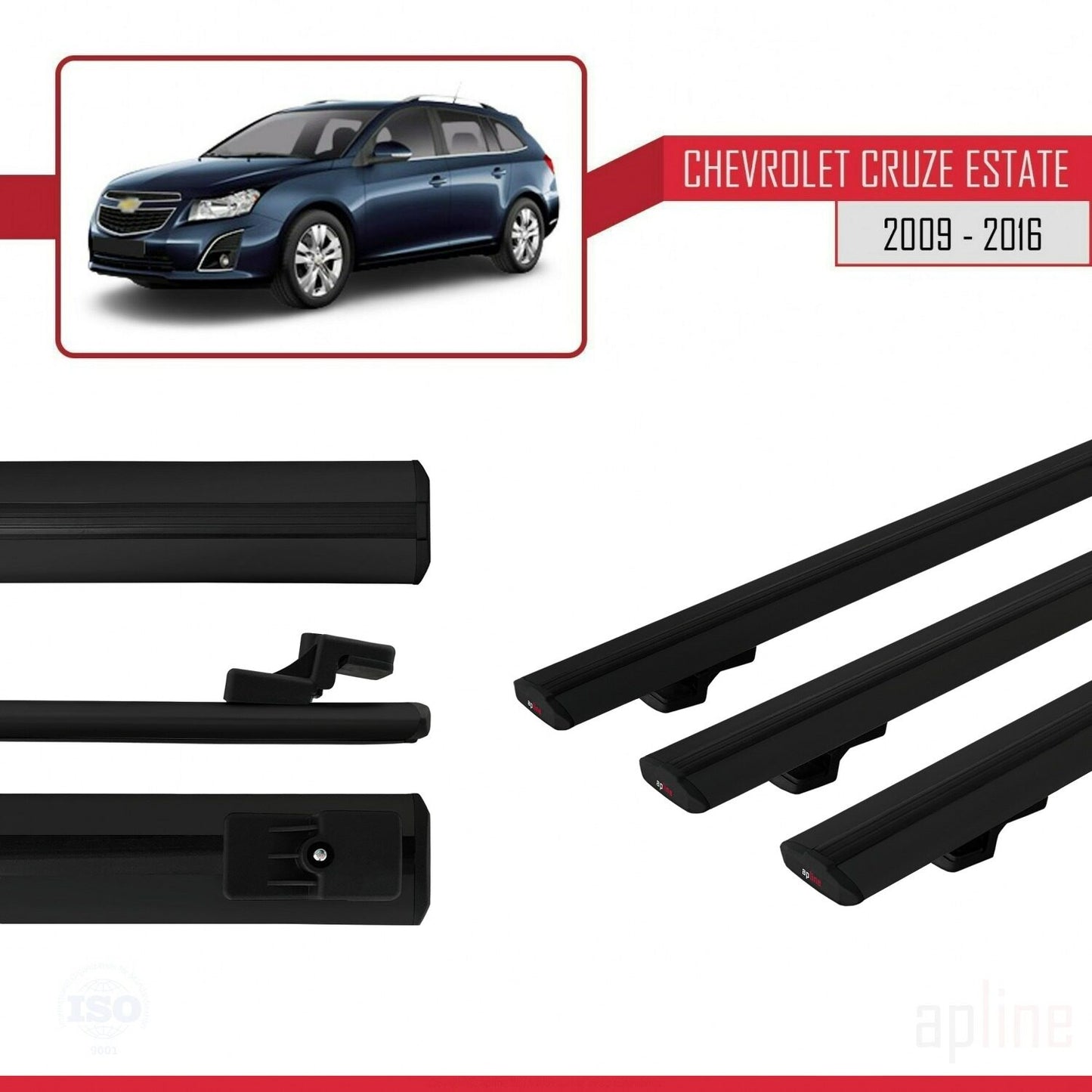 Kompatibel mit Chevrolet Cruze (J300) 2009-2016 Basismodell Dachgepäckträger, schwarzes Aluminium, 3 Stangen
