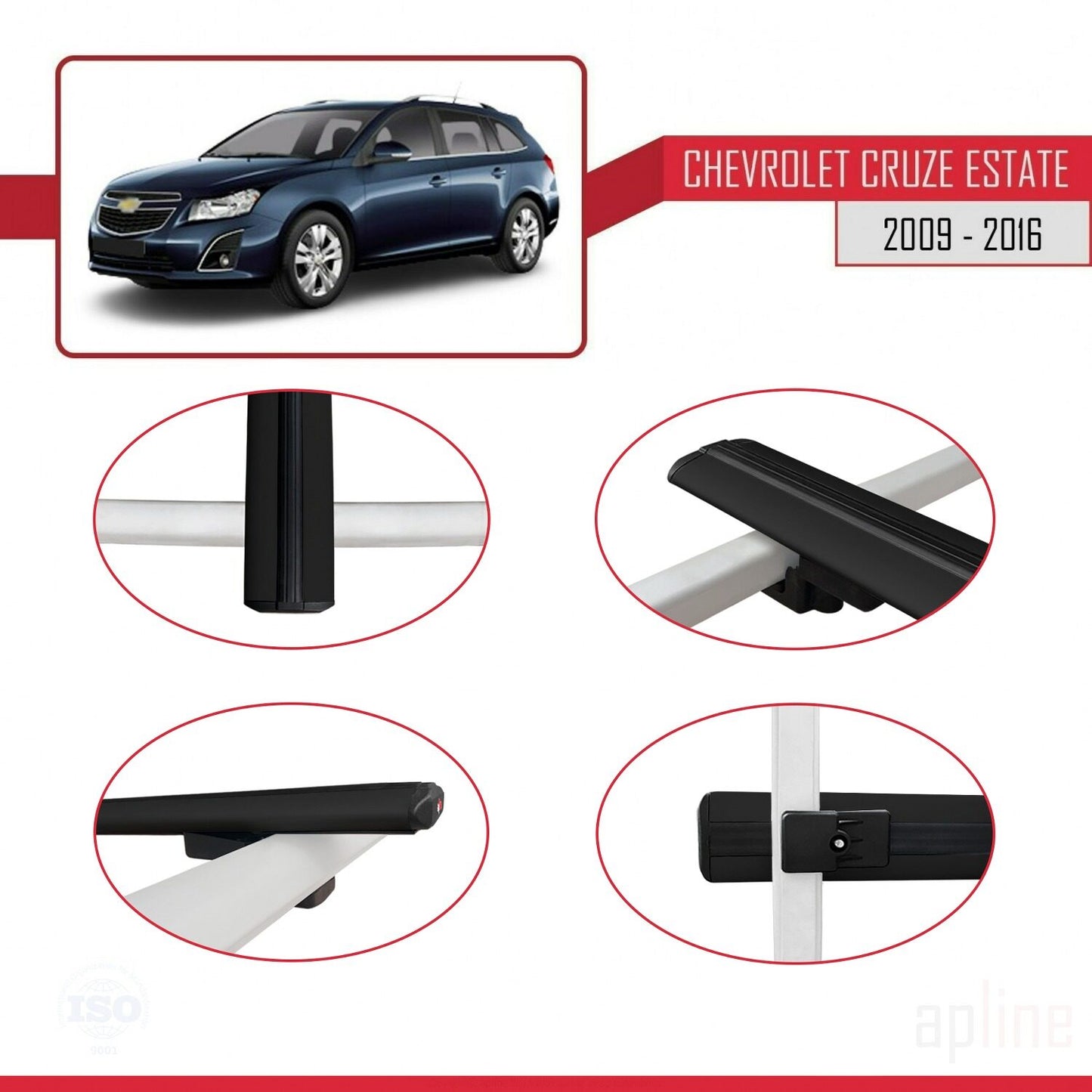 Kompatibel mit Chevrolet Cruze (J300) 2009-2016 Basismodell Dachgepäckträger, schwarzes Aluminium, 3 Stangen