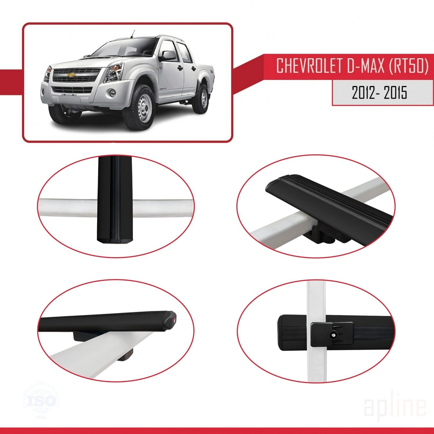 Kompatibel mit Chevrolet D-Max (RT50) 2012-2015 BASIC Modell Dachgepäckträger, schwarzes Aluminium, 2 Stangen