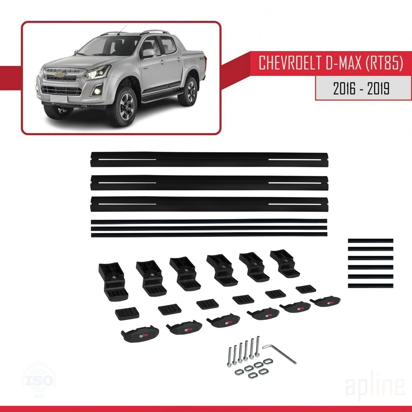 Kompatibel mit Chevrolet D-Max (RT85) 2016-2019 BASIC Modell Dachgepäckträger, schwarzes Aluminium, 3-teilig