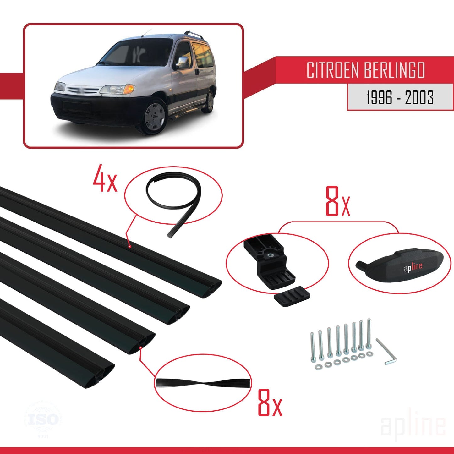 Compatible with Citroen Berlingo (M49) 1996-2003 BASIC Model Car Roof Rack Cross Bar Black Aluminium 4 Bars