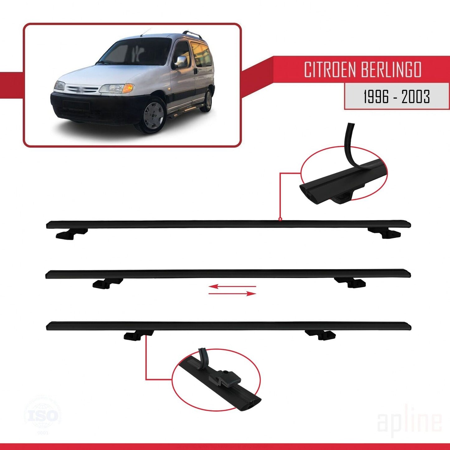 Compatible with Citroen Berlingo (M49) 1996-2003 BASIC Model Car Roof Rack Cross Bar Black Aluminium 2 Bars