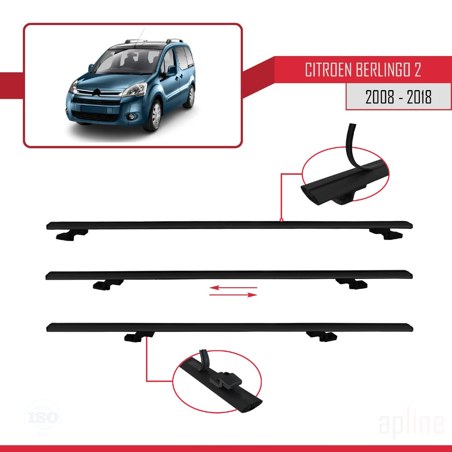 Compatible avec Citroen Berlingo 2 (B9) 2008-2018 BASIC Model Barres de Toit Railing Porte-Bagages de Voiture Noir Aluminium 4 Barres