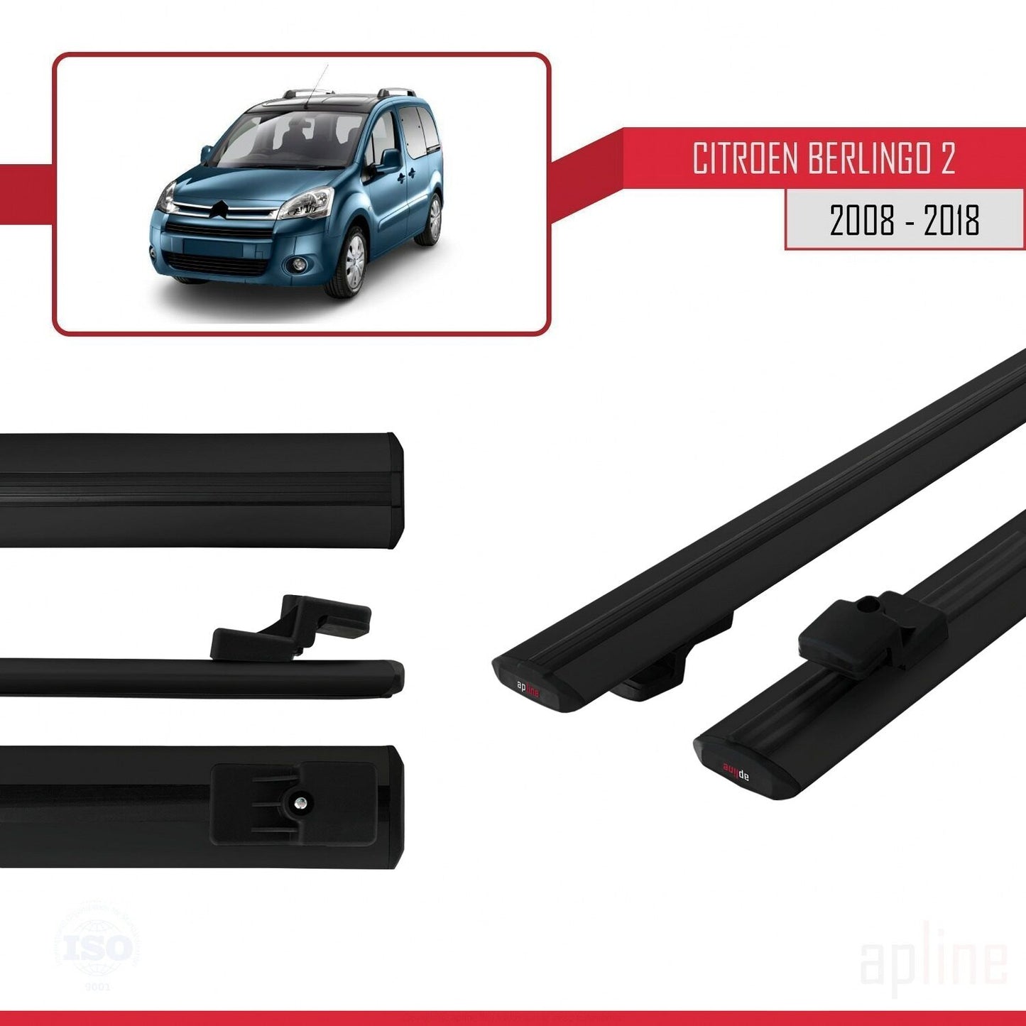 Compatible avec Citroen Berlingo 2 (B9) 2008-2018 BASIC Model Barres de Toit Railing Porte-Bagages de Voiture Noir Aluminium 2 Barres