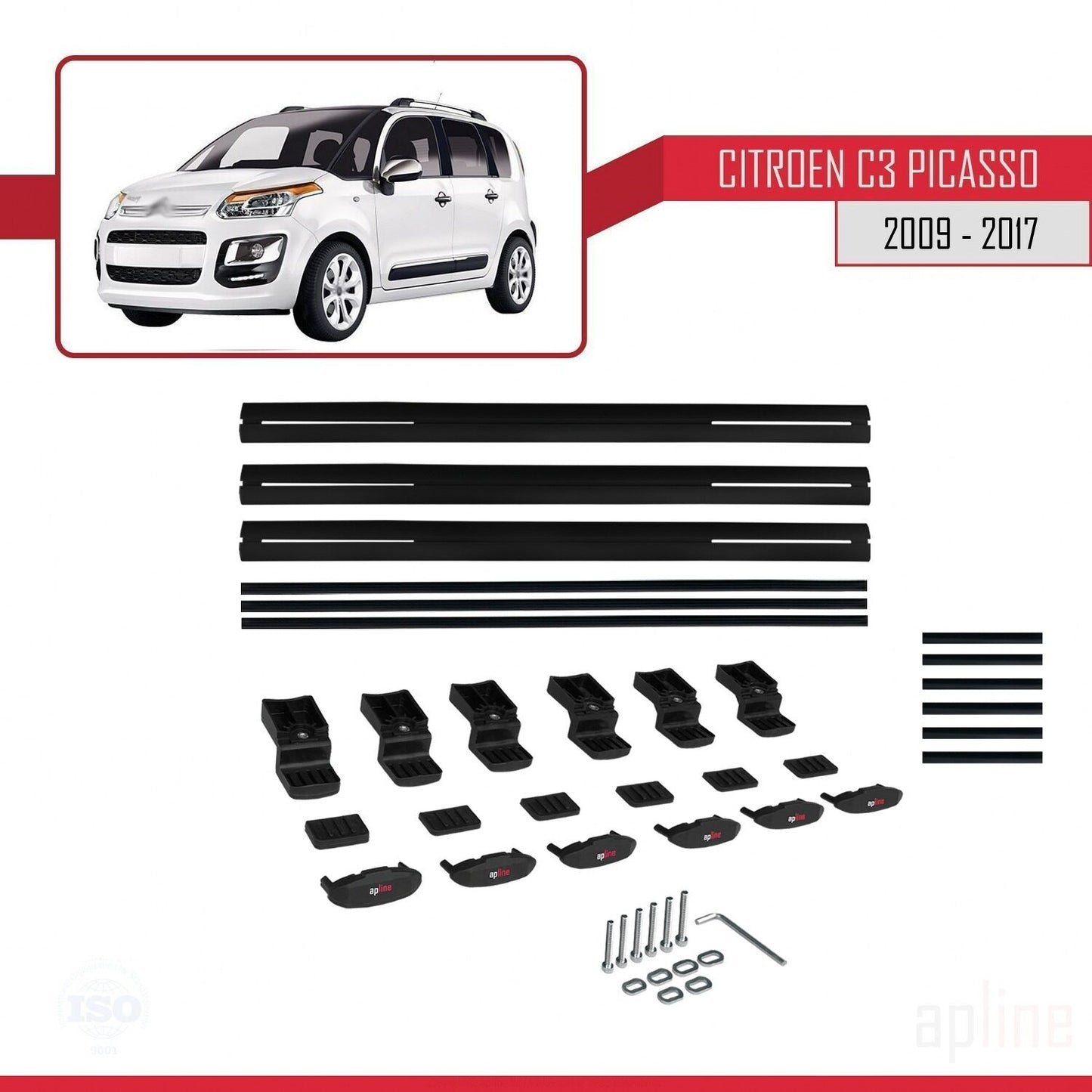 Kompatibel mit Citroen C3 Picasso 2009-2017 Basismodell Dachgepäckträger, schwarzes Aluminium, 3 Stangen