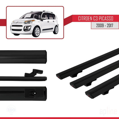 Kompatibel mit Citroen C3 Picasso 2009-2017 Basismodell Dachgepäckträger, schwarzes Aluminium, 3 Stangen