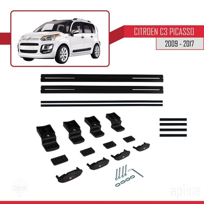 Kompatibel mit Citroen C3 Picasso 2009-2017 Basismodell Dachgepäckträger, schwarzes Aluminium, 2 Stangen