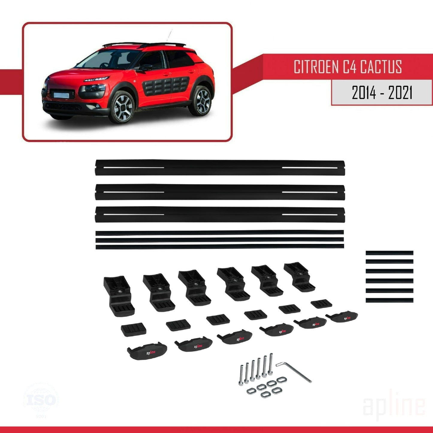 Kompatibel mit Citroen C4 Cactus 2014-2021 BASIC Modell Dachgepäckträger, schwarzes Aluminium, 3 Stangen
