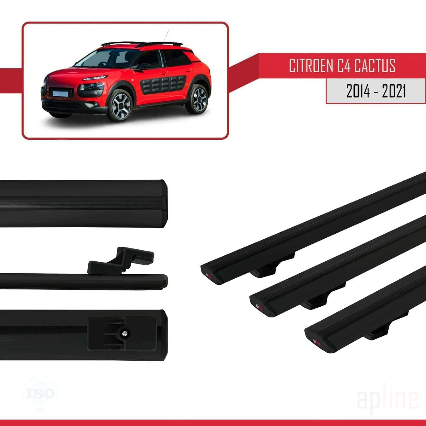 Kompatibel mit Citroen C4 Cactus 2014-2021 BASIC Modell Dachgepäckträger, schwarzes Aluminium, 3 Stangen