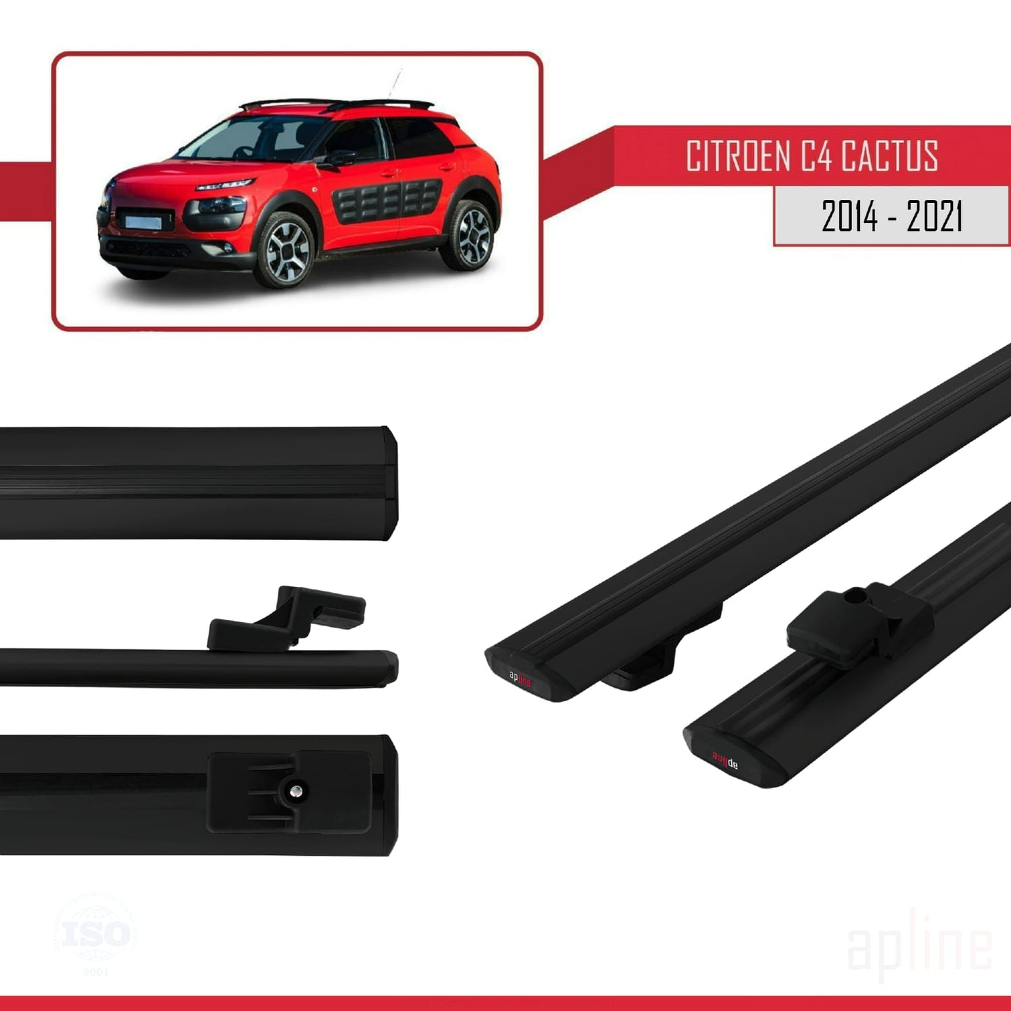 Kompatibel mit Citroen C4 Cactus 2014-2021 BASIC Modell Dachgepäckträger, schwarzes Aluminium, 2 Stangen