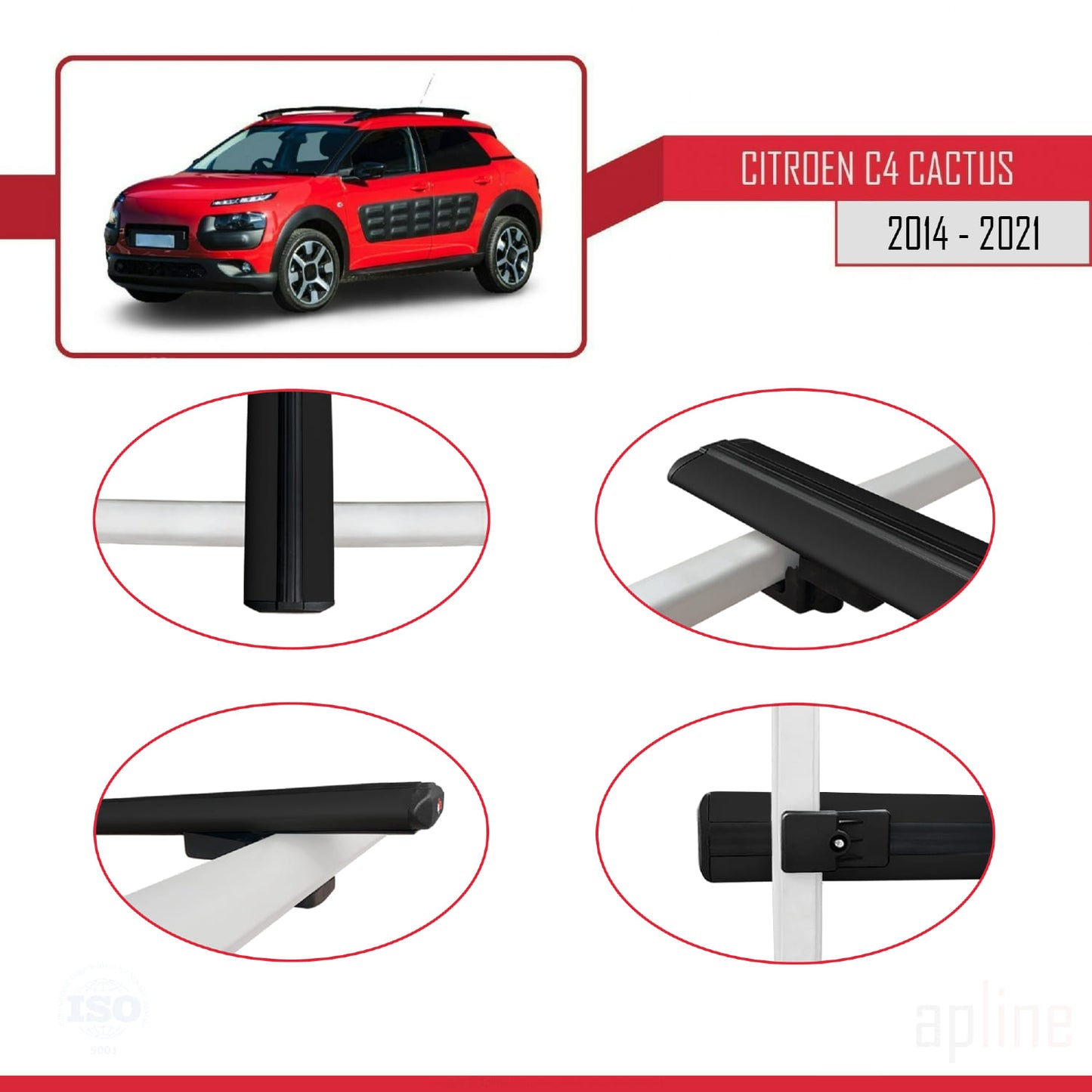 Kompatibel mit Citroen C4 Cactus 2014-2021 BASIC Modell Dachgepäckträger, schwarzes Aluminium, 2 Stangen