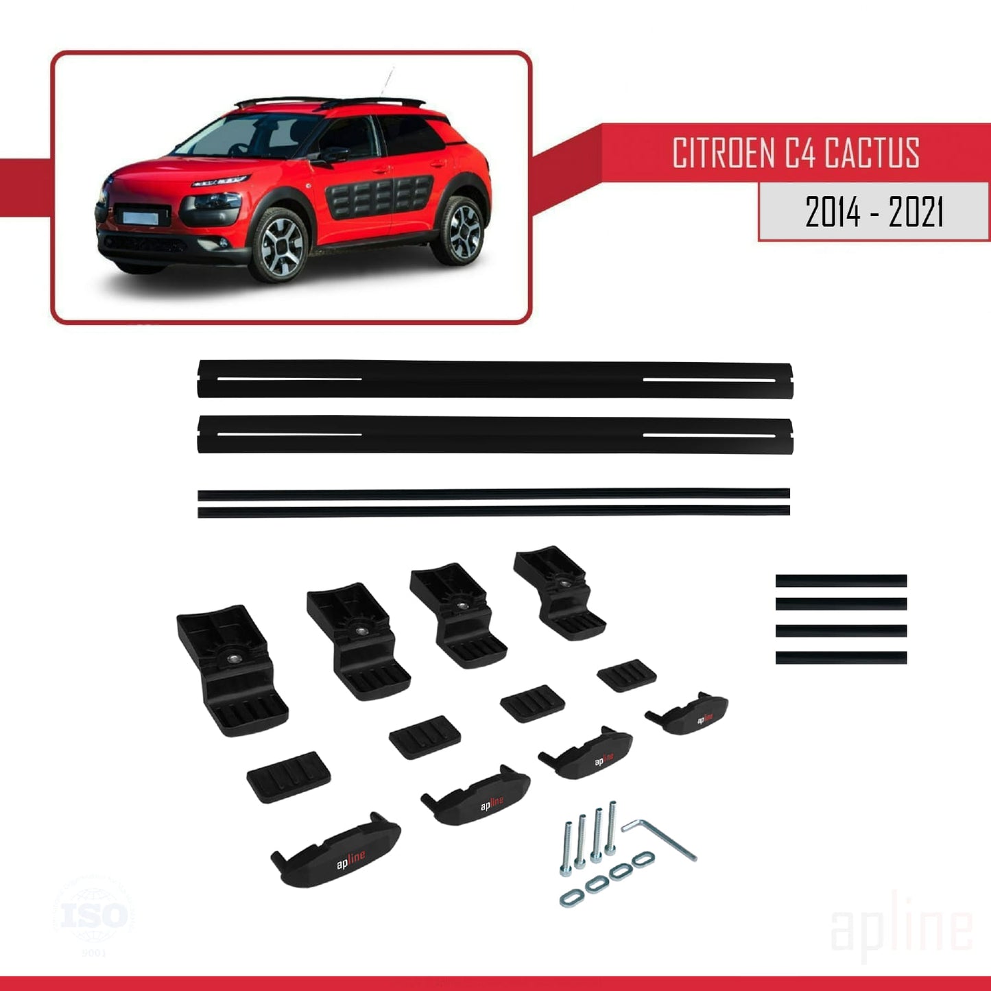 Kompatibel mit Citroen C4 Cactus 2014-2021 BASIC Modell Dachgepäckträger, schwarzes Aluminium, 2 Stangen