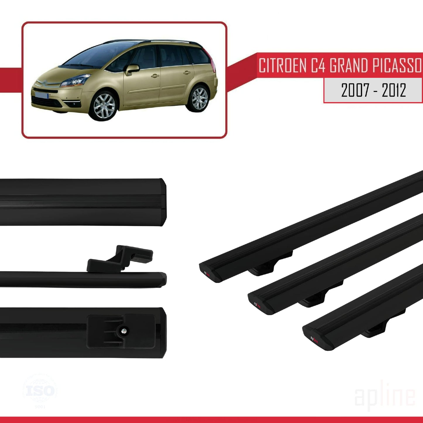 Kompatibel mit Citroen Grand C4 Picasso 2007-2012 Basismodell Dachgepäckträger, schwarzes Aluminium, 3 Stangen
