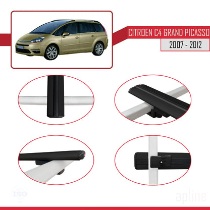 Kompatibel mit Citroen Grand C4 Picasso 2007-2012 Basismodell Dachgepäckträger, schwarzes Aluminium, 2 Stangen