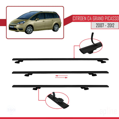 Kompatibel mit Citroen Grand C4 Picasso 2007-2012 Basismodell Dachgepäckträger, schwarzes Aluminium, 2 Stangen