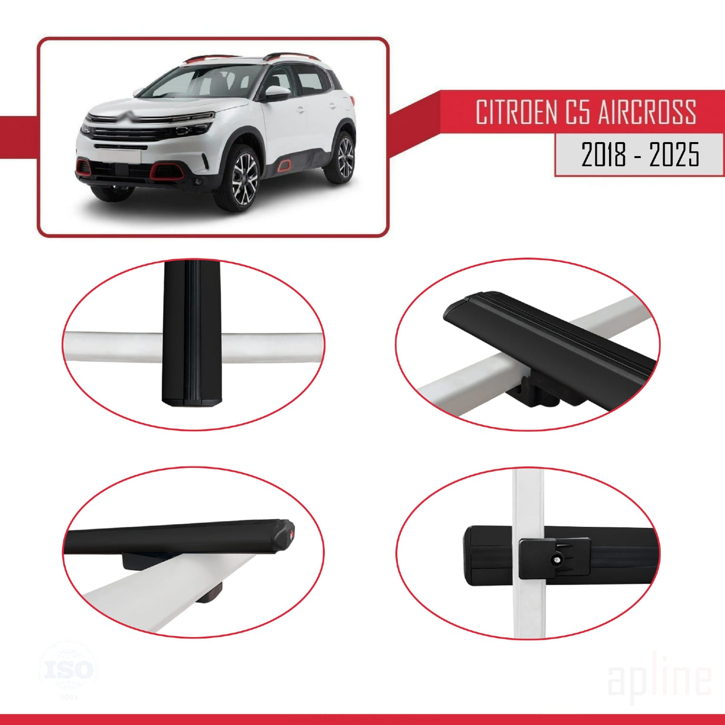 Kompatibel mit Citroen C5 Aircross 2018-2025 Basismodell Dachgepäckträger, Gepäckträger, schwarzes Aluminium, 3 Stangen