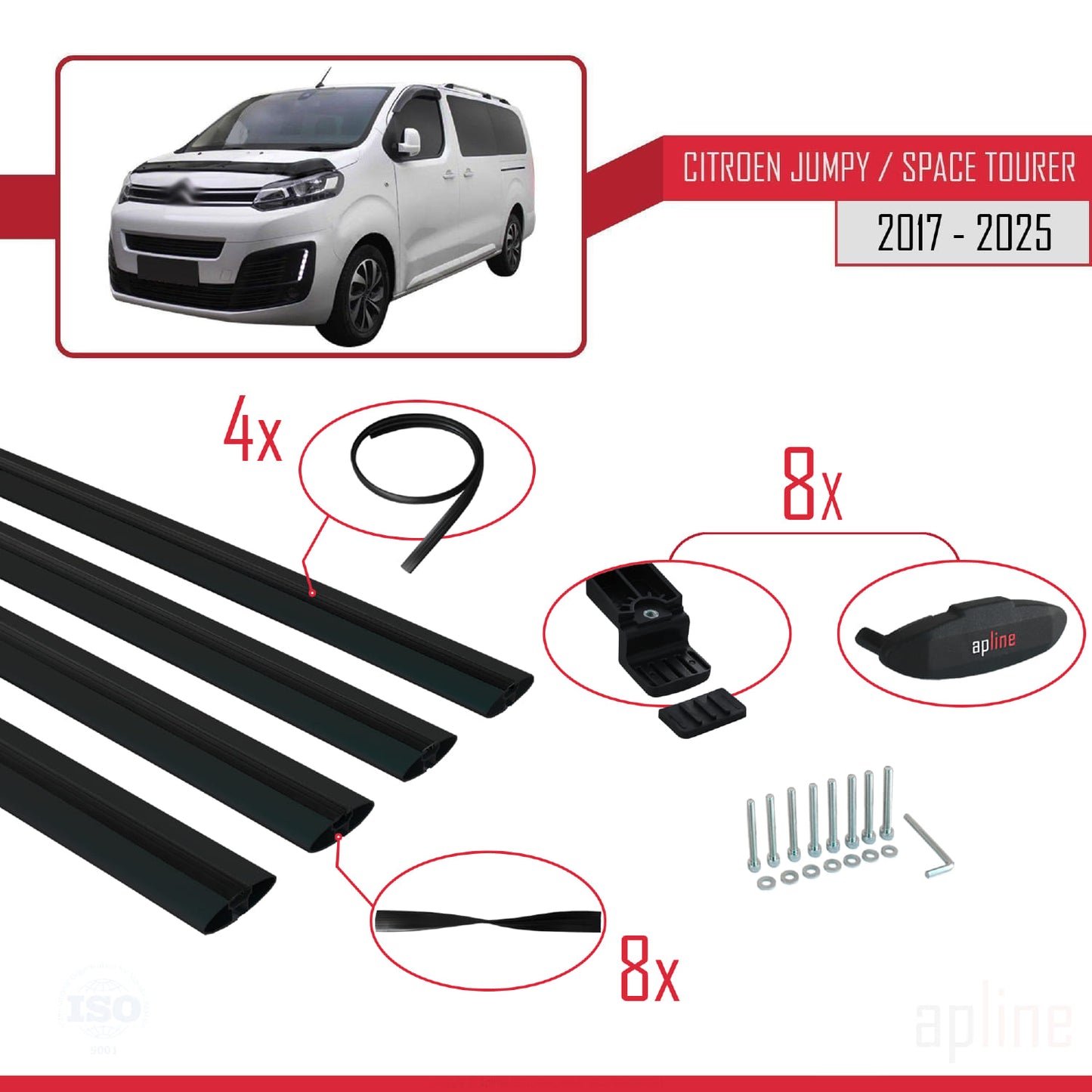Kompatibel mit Citroen Jumpy 3 (K0) Space Tourer 2017-2025 BASIC Modell Dachgepäckträger, schwarzes Aluminium, 4 Stangen