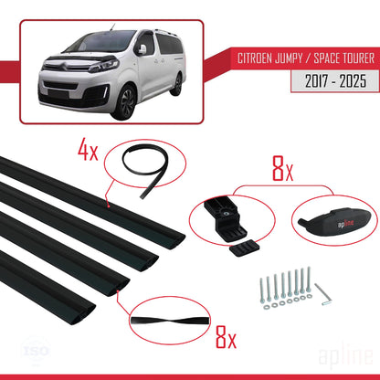 Kompatibel mit Citroen Jumpy 3 (K0) Space Tourer 2017-2025 BASIC Modell Dachgepäckträger, schwarzes Aluminium, 4 Stangen