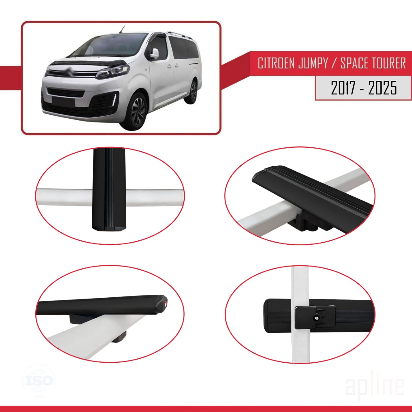 Kompatibel mit Citroen Jumpy 3 (K0) Space Tourer 2017-2025 BASIC Modell Dachgepäckträger, schwarzes Aluminium, 2 Stangen