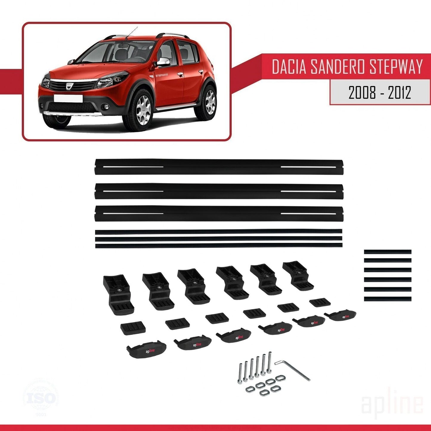 Kompatibel mit Dacia Sandero Stepway 2008-2012 Basismodell Dachgepäckträger, schwarzes Aluminium, 3 Stangen