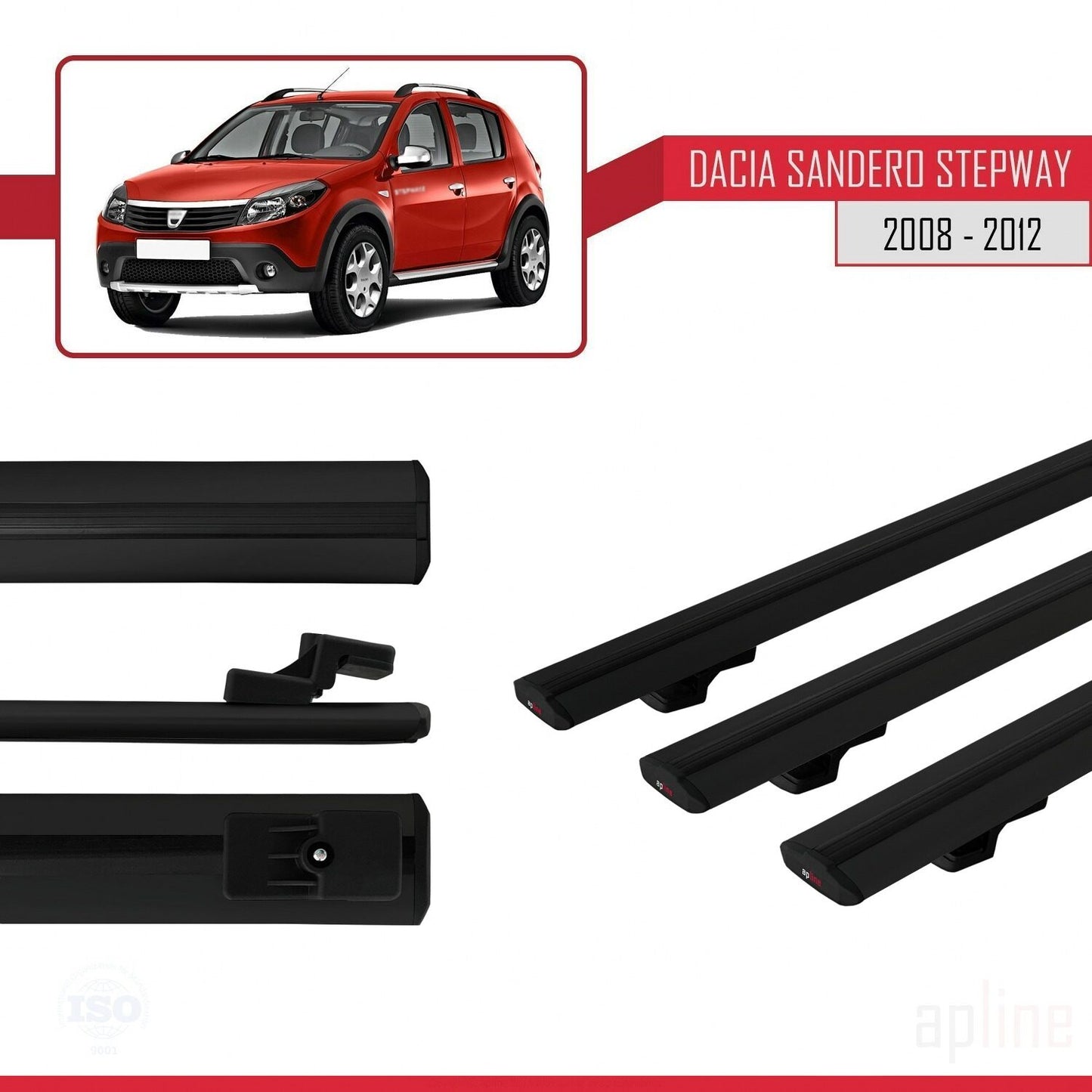 Kompatibel mit Dacia Sandero Stepway 2008-2012 Basismodell Dachgepäckträger, schwarzes Aluminium, 3 Stangen