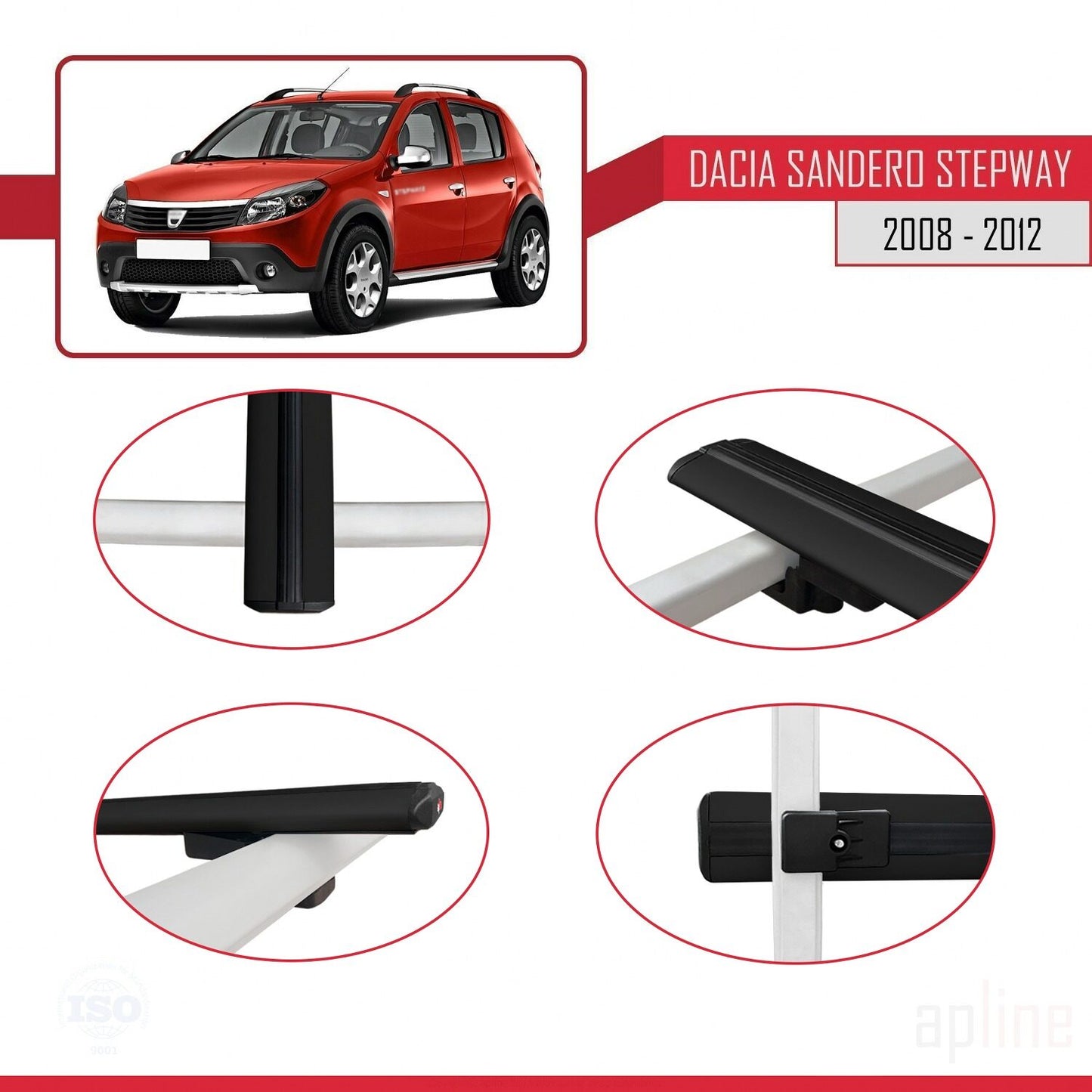 Kompatibel mit Dacia Sandero Stepway 2008-2012 Basismodell Dachgepäckträger, schwarzes Aluminium, 3 Stangen