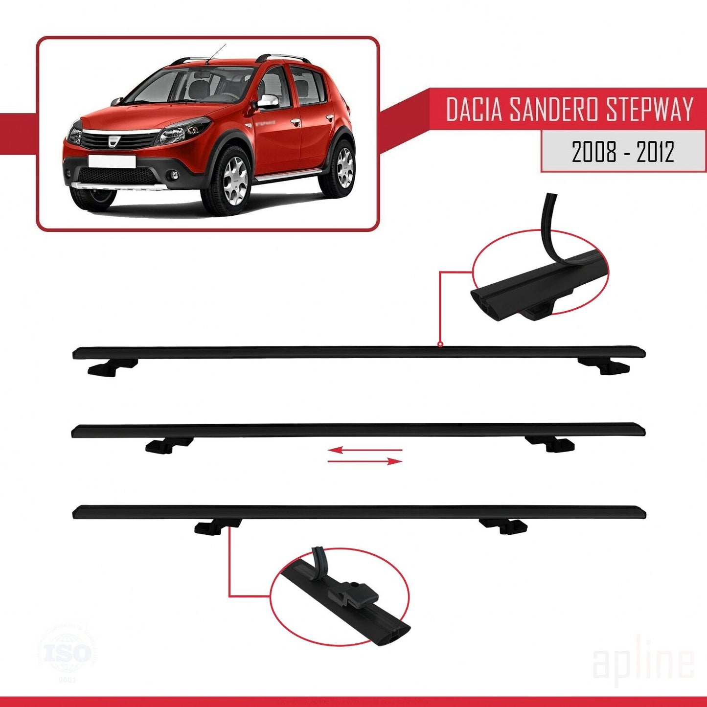 Kompatibel mit Dacia Sandero Stepway 2008-2012 Basismodell Dachgepäckträger, schwarzes Aluminium, 3 Stangen