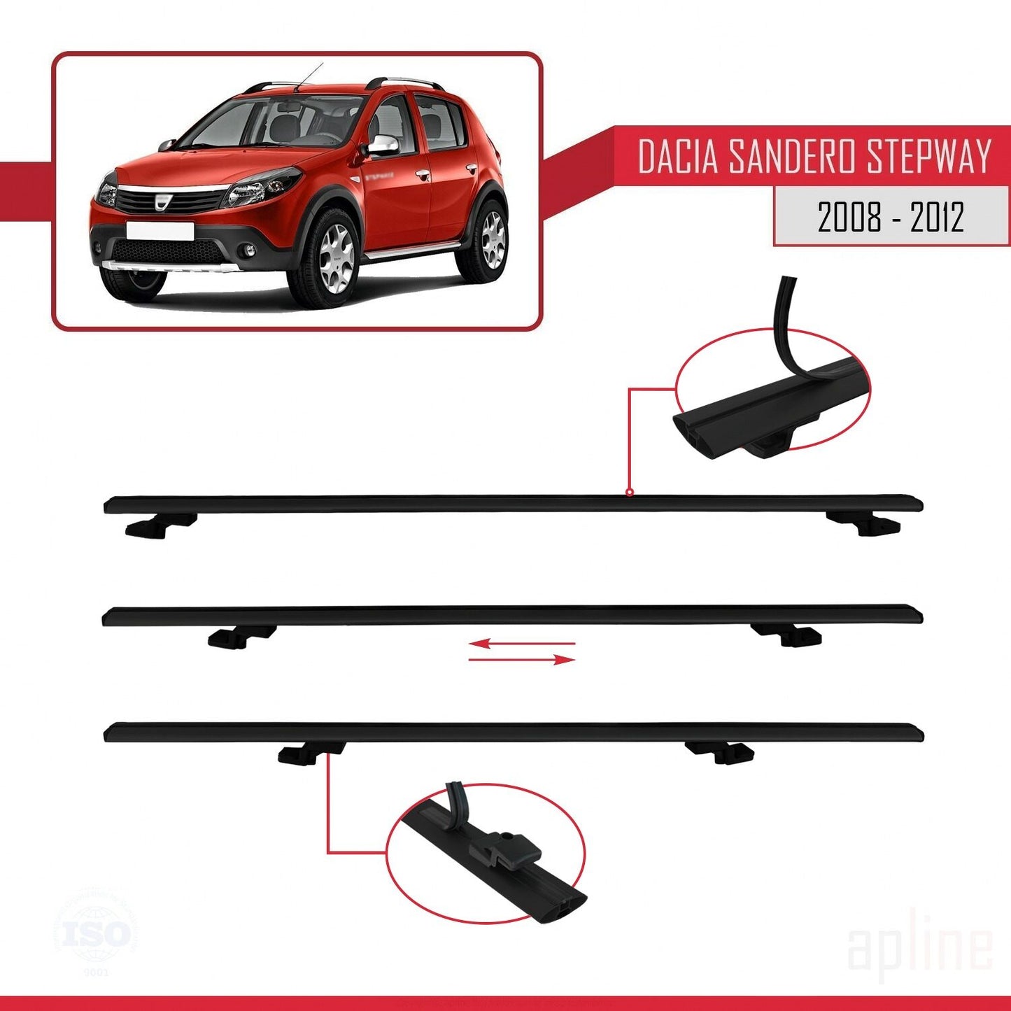 Kompatibel mit Dacia Sandero Stepway 2008-2012 Basismodell Dachgepäckträger, schwarzes Aluminium, 2 Stangen
