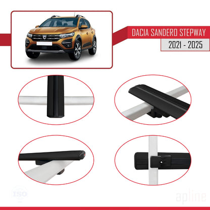 Kompatibel mit Dacia Sandero Stepway 3 2021-2025 Basismodell Dachgepäckträger, Reling, Gepäckträger, schwarzes Aluminium, 2 Stangen