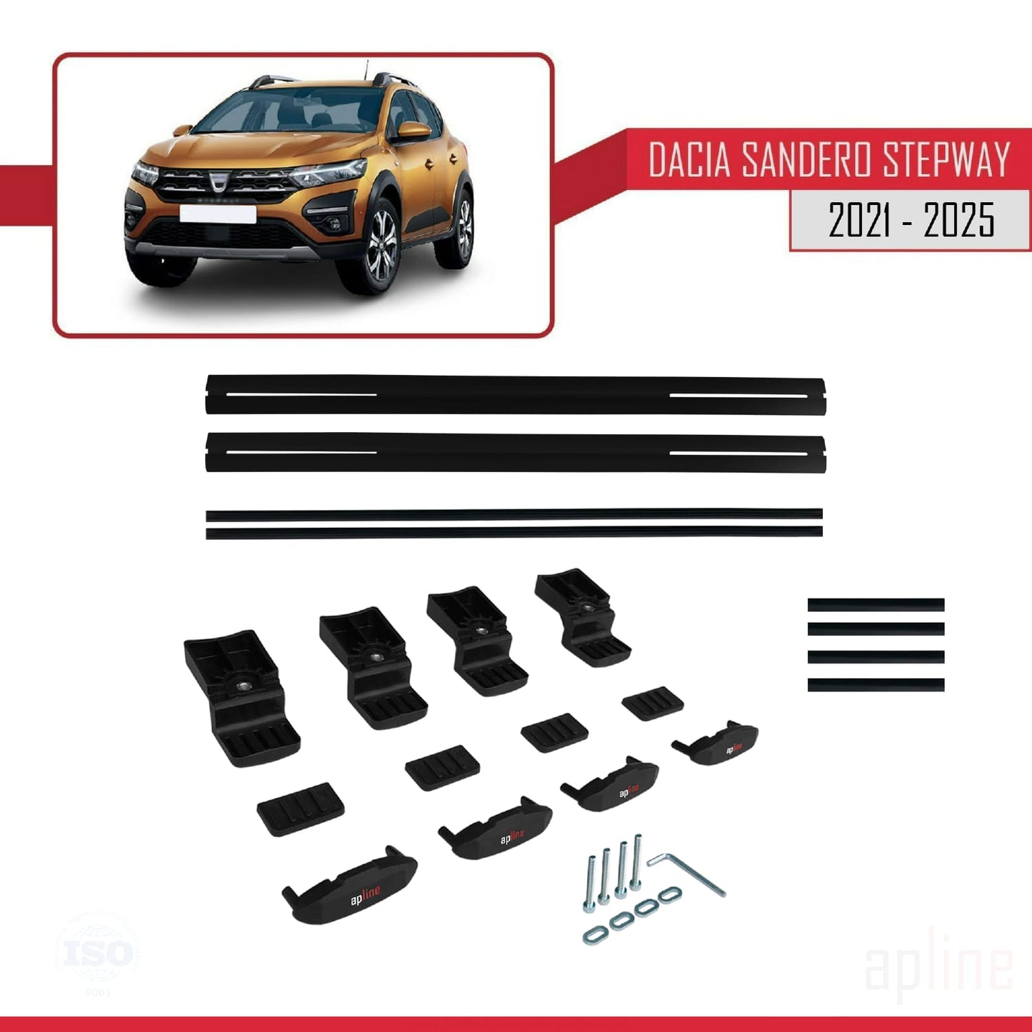 Kompatibel mit Dacia Sandero Stepway 3 2021-2025 Basismodell Dachgepäckträger, Reling, Gepäckträger, schwarzes Aluminium, 2 Stangen