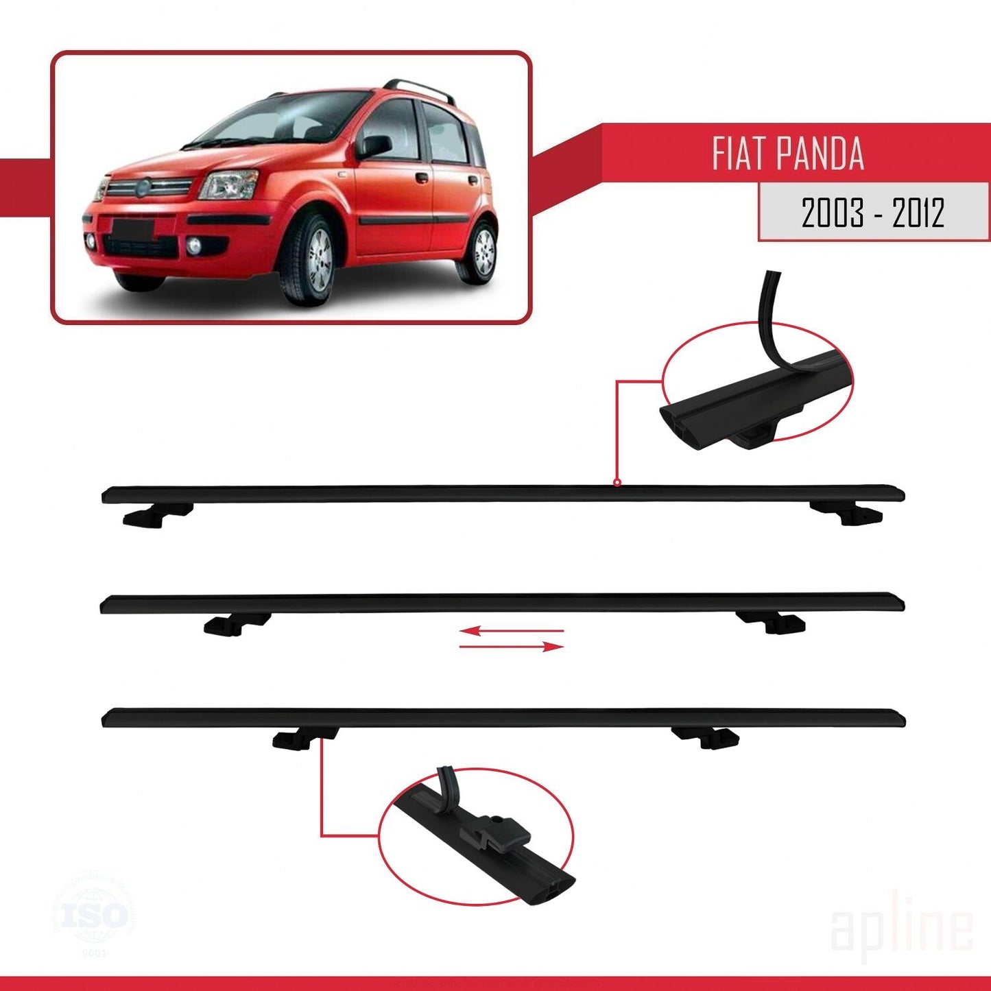 Compatible avec Fiat Panda 2 (169) 2003-2012 BASIC Model Barres de Toit Railing Porte-Bagages de Voiture Noir Aluminium 2 Barres