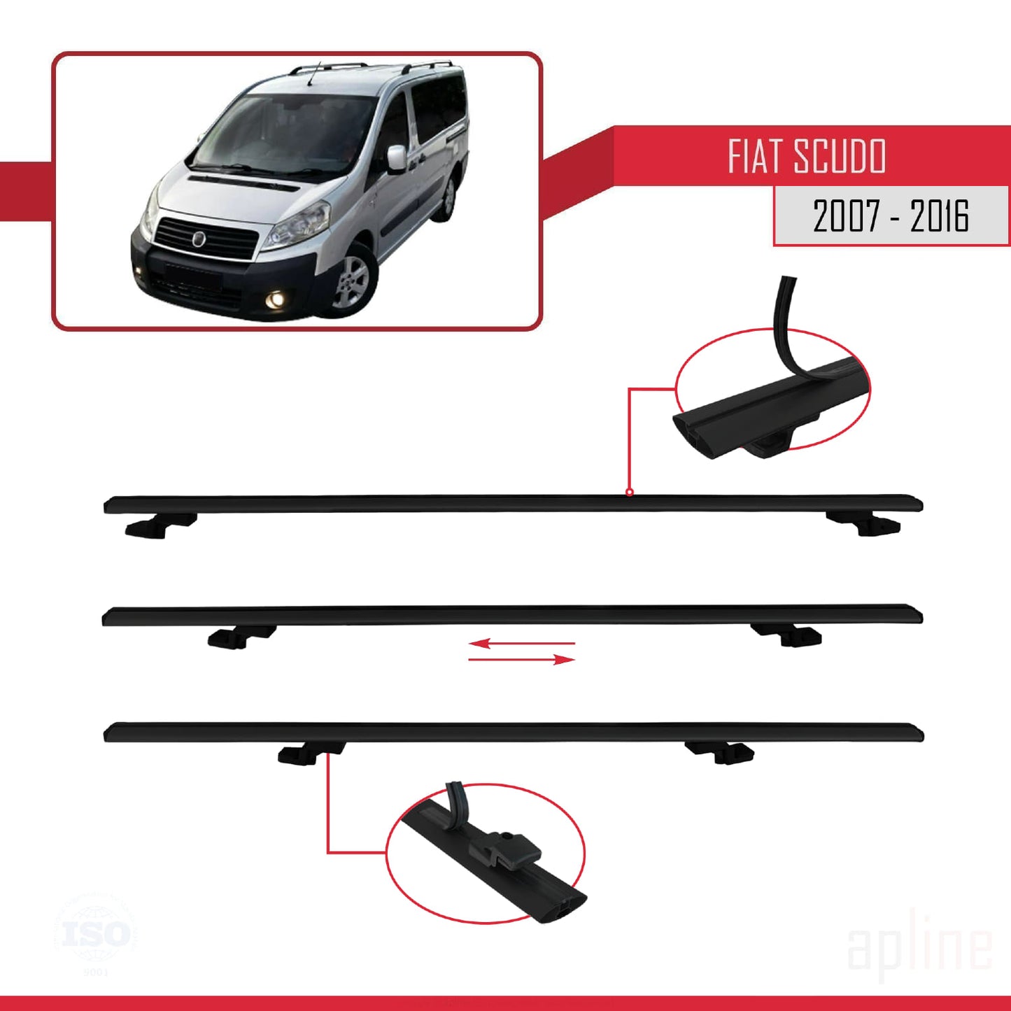 Compatible avec Fiat Scudo 2 2007-2016 BASIC Model Barres de Toit Railing Porte-Bagages de Voiture Noir Aluminium 3 Barres