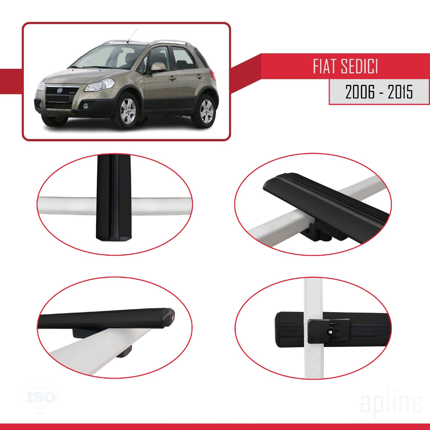 Compatible avec Fiat Sedici 2006-2015 BASIC Model Barres de Toit Railing Porte-Bagages de Voiture Noir Aluminium 2 Barres