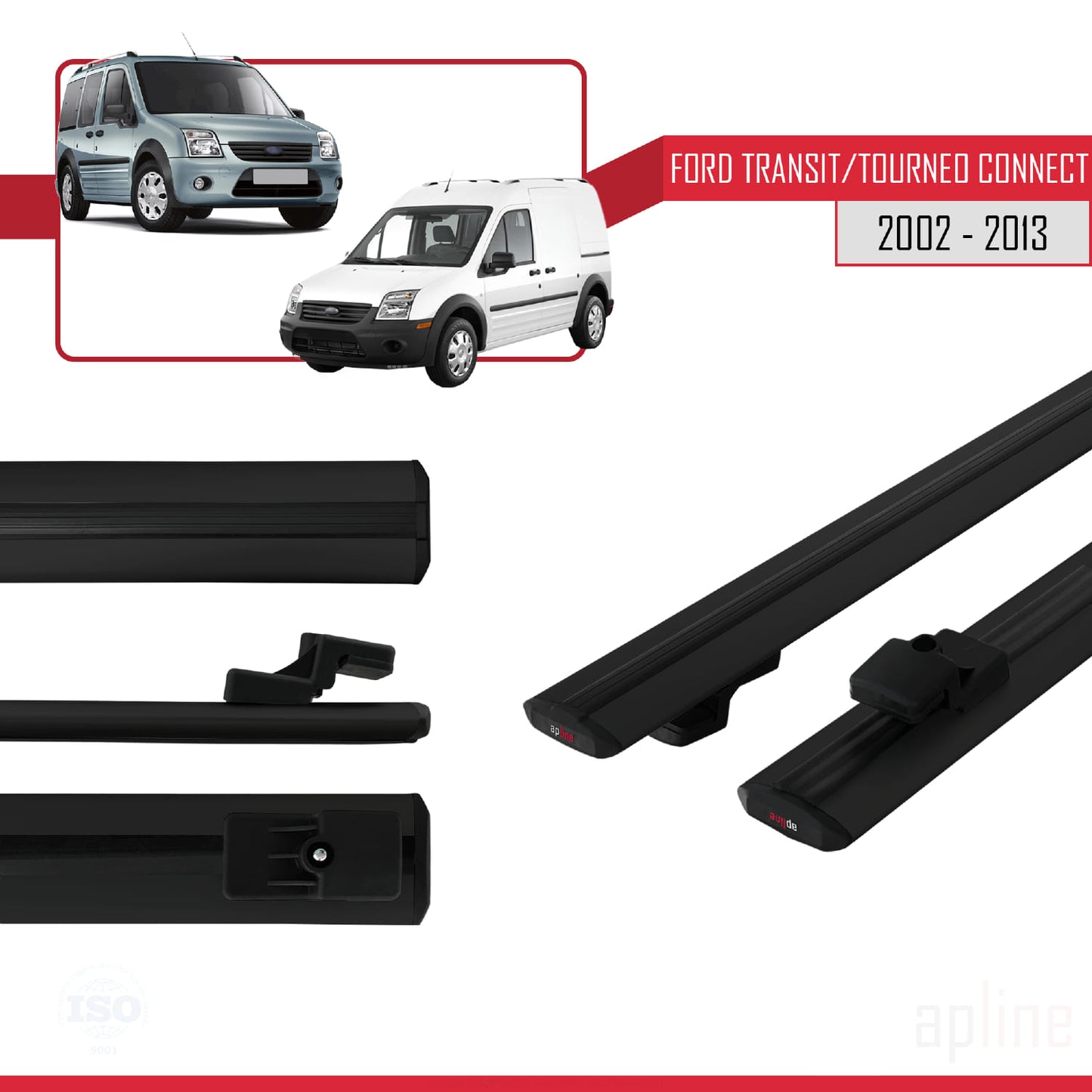 Kompatibel mit Ford Transit/Tourneo Connect 2002-2013 BASIC Model Relingträger Dachträger Auto Gepäckträger Schwarz Aluminium 2 Stangen