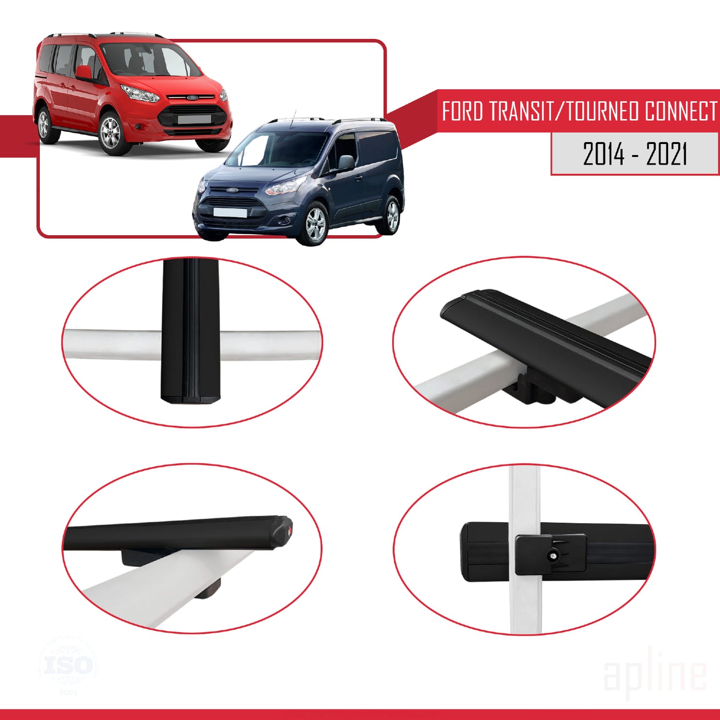 Kompatibel mit Ford Transit/Tourneo Connect 2 2014-2021 BASIC Model Relingträger Dachträger Auto Gepäckträger Schwarz Aluminium 4 Stangen