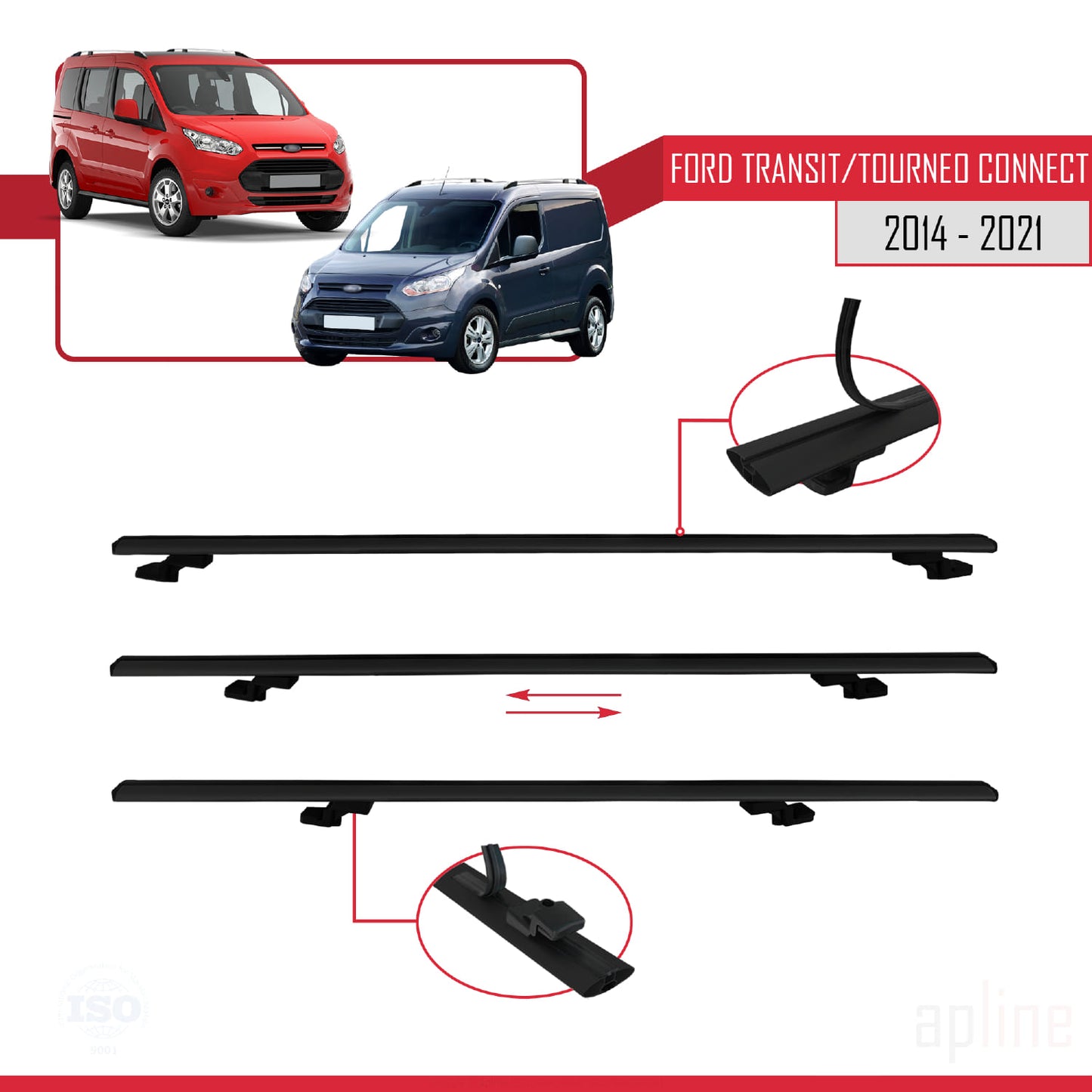 Kompatibel mit Ford Transit/Tourneo Connect 2 2014-2021 BASIC Model Relingträger Dachträger Auto Gepäckträger Schwarz Aluminium 4 Stangen