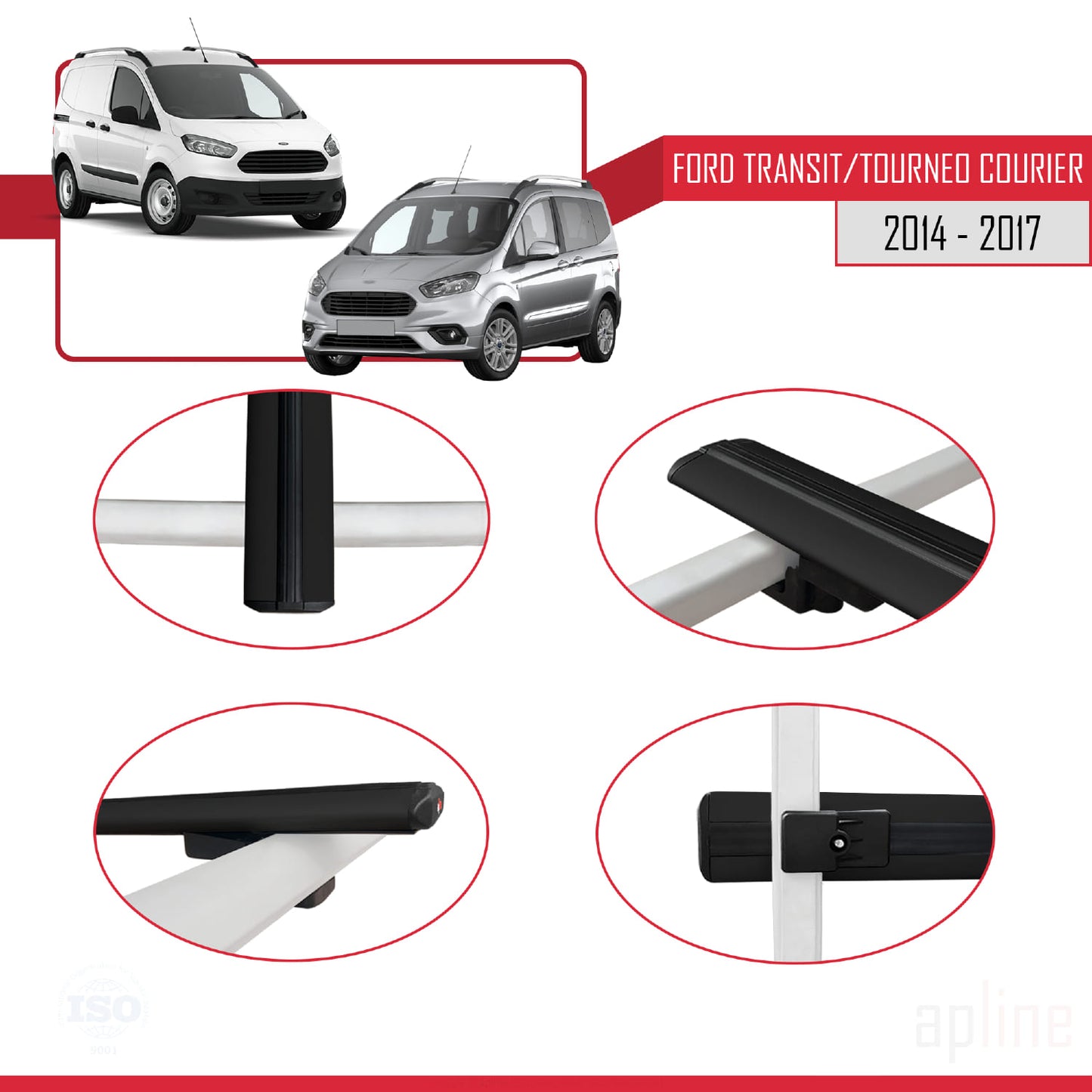 Kompatibel mit Ford Transit/Tourneo Courier Pre-Facelift 2014-2017 BASIC Model Relingträger Dachträger Auto Gepäckträger Schwarz Aluminium 3 Stangen