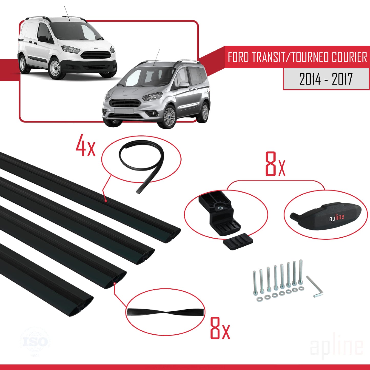 Kompatibel mit Ford Transit/Tourneo Courier Pre-Facelift 2014-2017 BASIC Model Relingträger Dachträger Auto Gepäckträger Schwarz Aluminium 4 Stangen