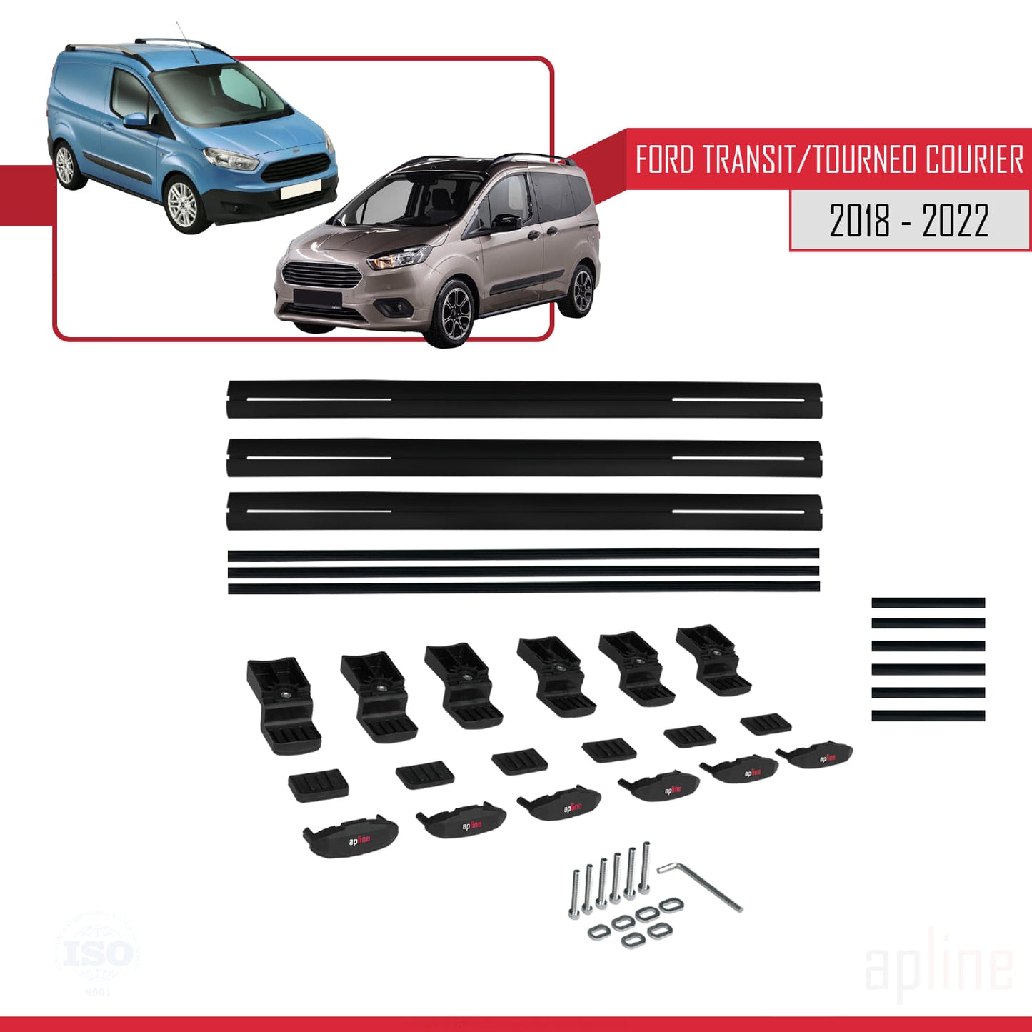Compatible with Ford Transit/Tourneo Courier Post-Facelift 2018-2022 BASIC Model Car Roof Rack Cross Bar Black Aluminium 3 Bars