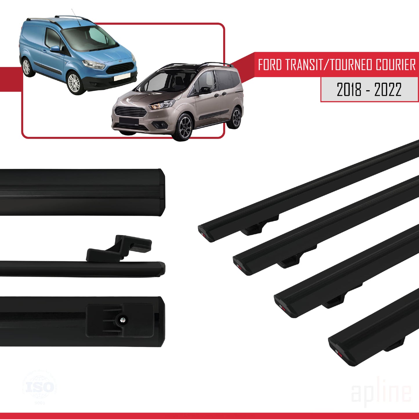 Kompatibel mit Ford Transit/Tourneo Courier Post-Facelift 2018-2022 BASIC Model Relingträger Dachträger Auto Gepäckträger Schwarz Aluminium 4 Stangen