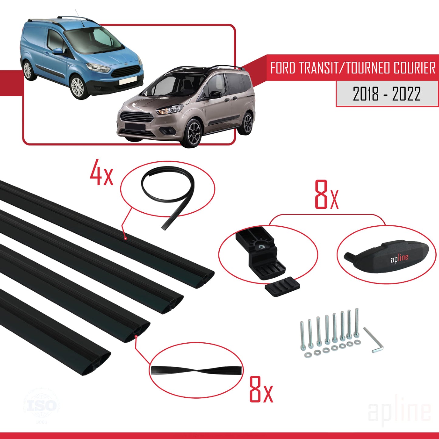 Kompatibel mit Ford Transit/Tourneo Courier Post-Facelift 2018-2022 BASIC Model Relingträger Dachträger Auto Gepäckträger Schwarz Aluminium 4 Stangen